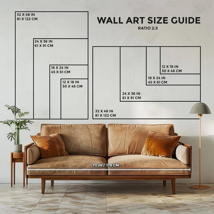 A chart showcasing the sizing options for portrait prints in a living room setting.