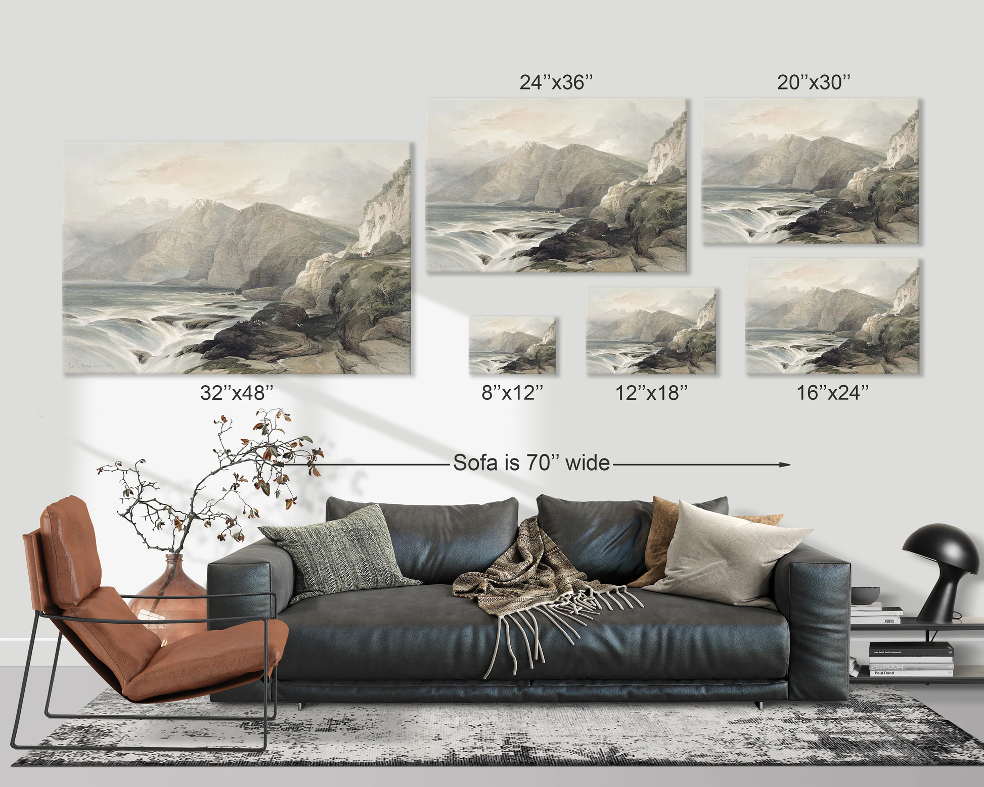 A chart showcasing the sizing options for landscape prints in a living room setting.